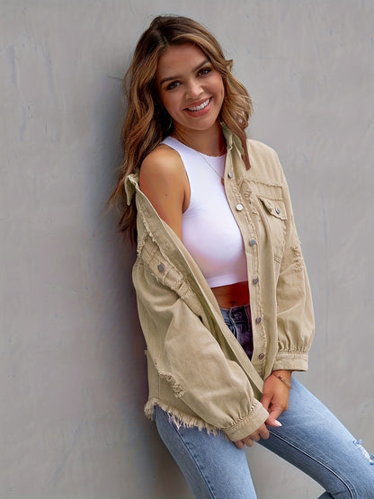 Women's Oversized Denim Jacket Distressed Frayed Hem