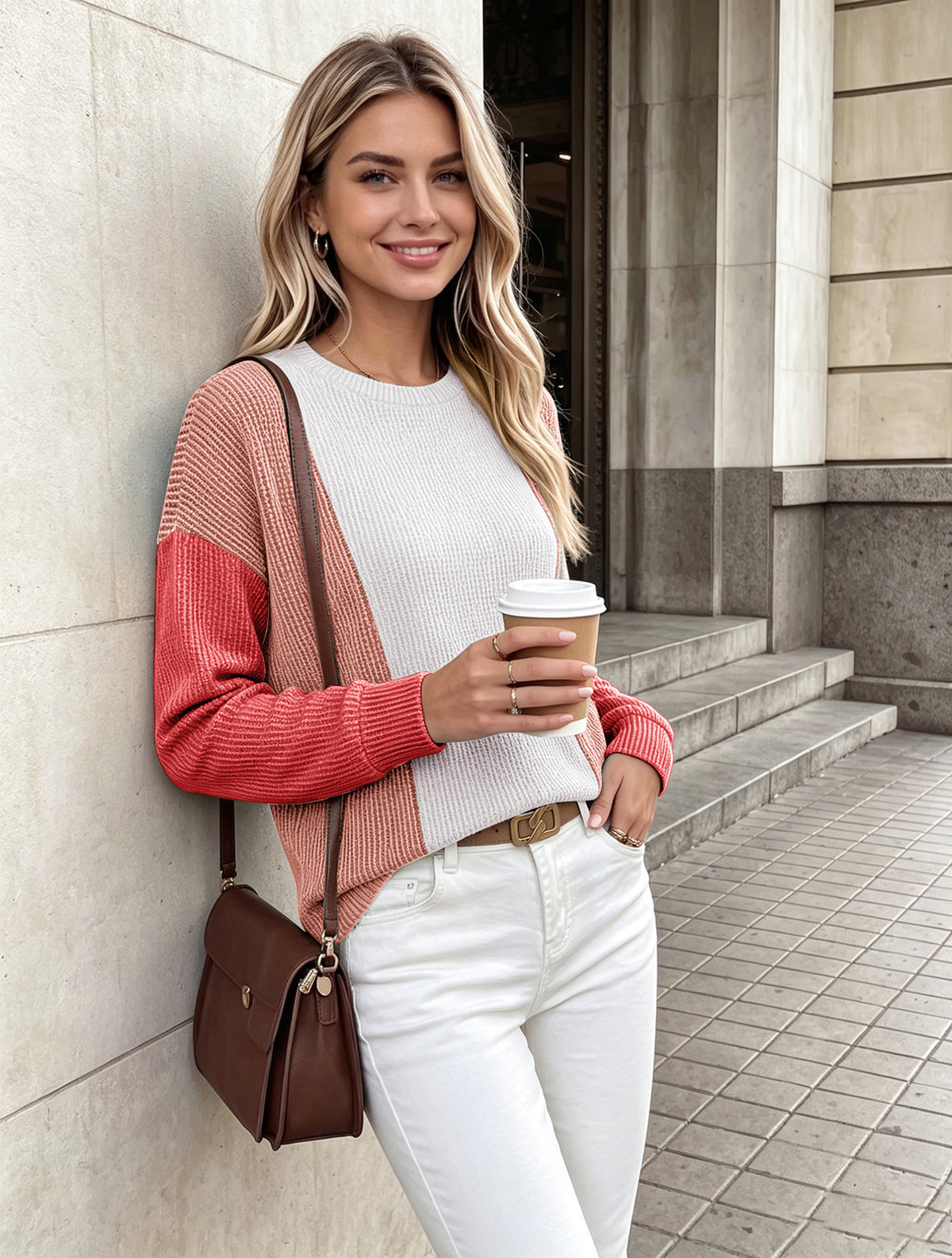 Color Block Waffle Knit Long Sleeve Crew Neck Top