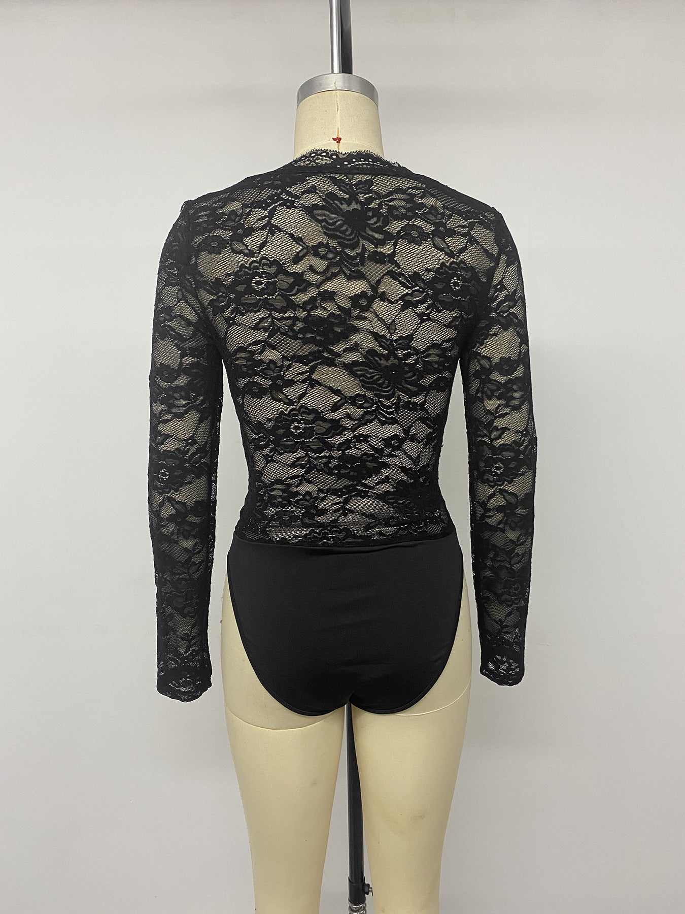 Sexy Black Lace V Neck Long Sleeve Bodysuit