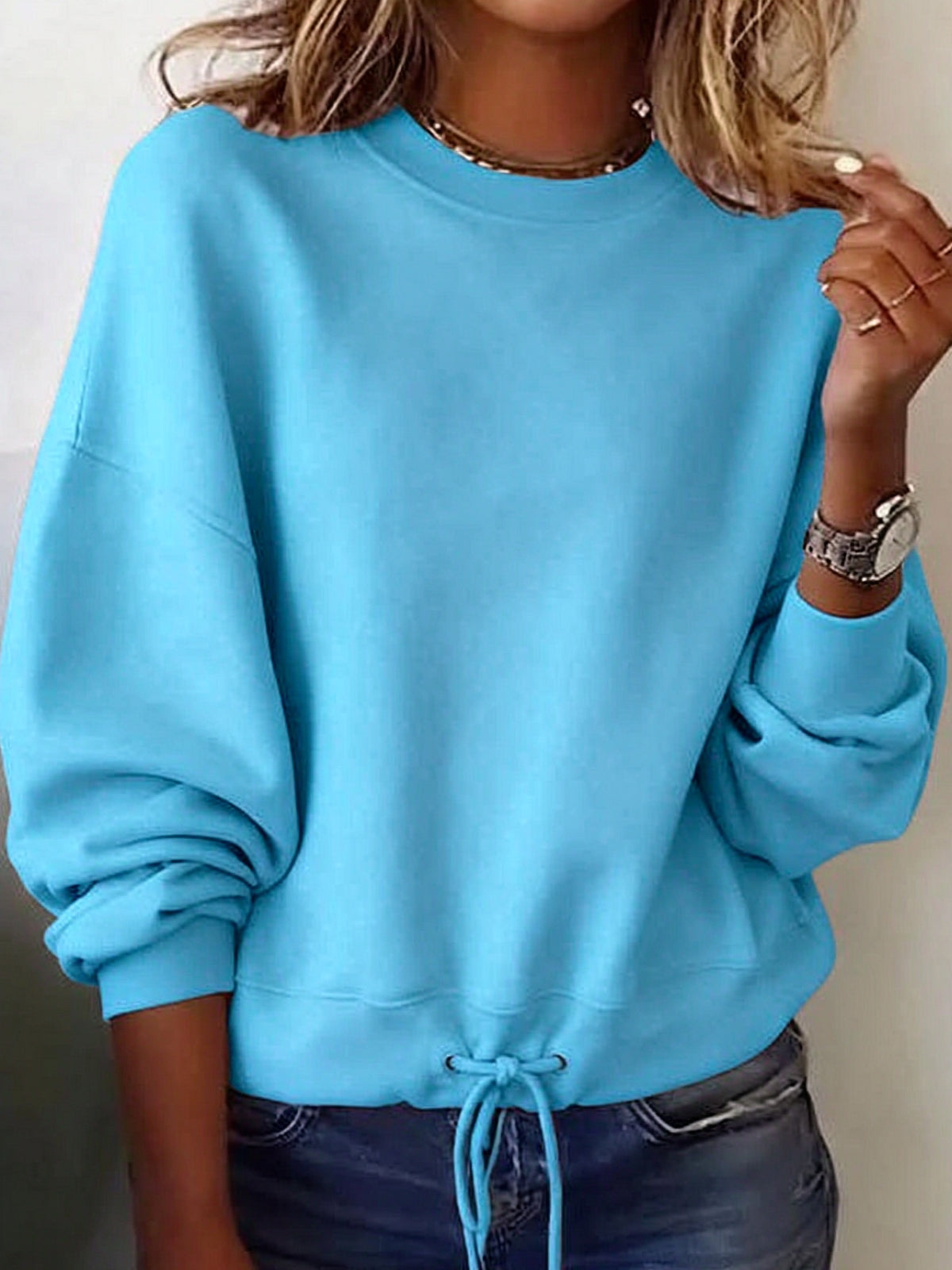 Women's Crewneck Sweatshirt Drawstring Hem Long Sleeve