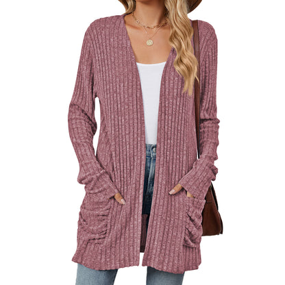 Simple Pocketed Long Sleeve Cardigan Knit Top