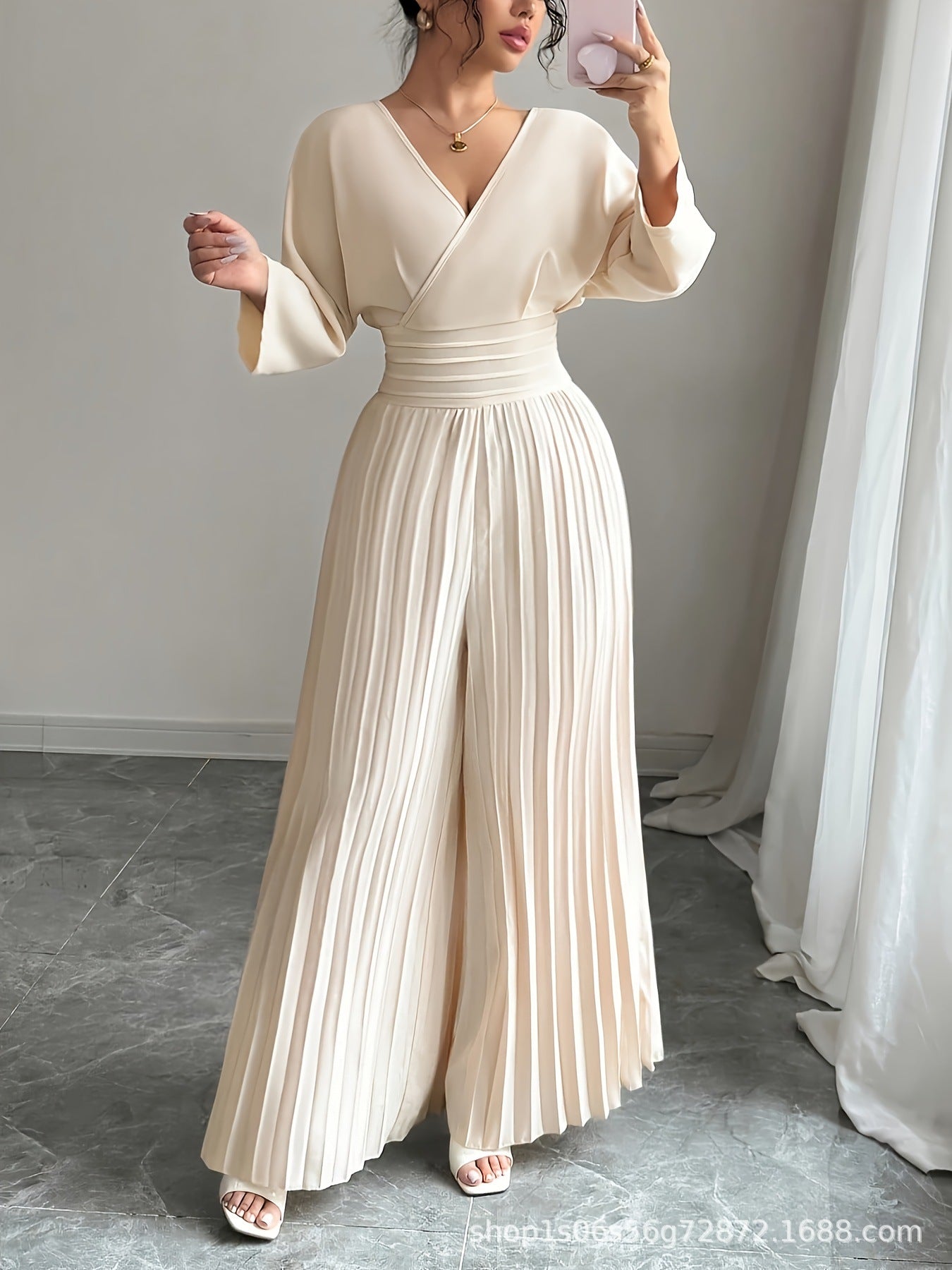 V-Neck Tie Back Pleated Wide Leg Jumpsuit