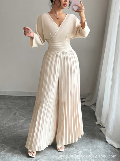 V-Neck Tie Back Pleated Wide Leg Jumpsuit