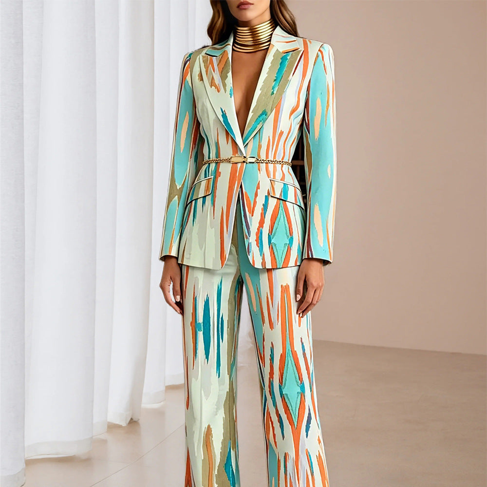 Women's Colorful Printed Blazer & Pants Matching Set