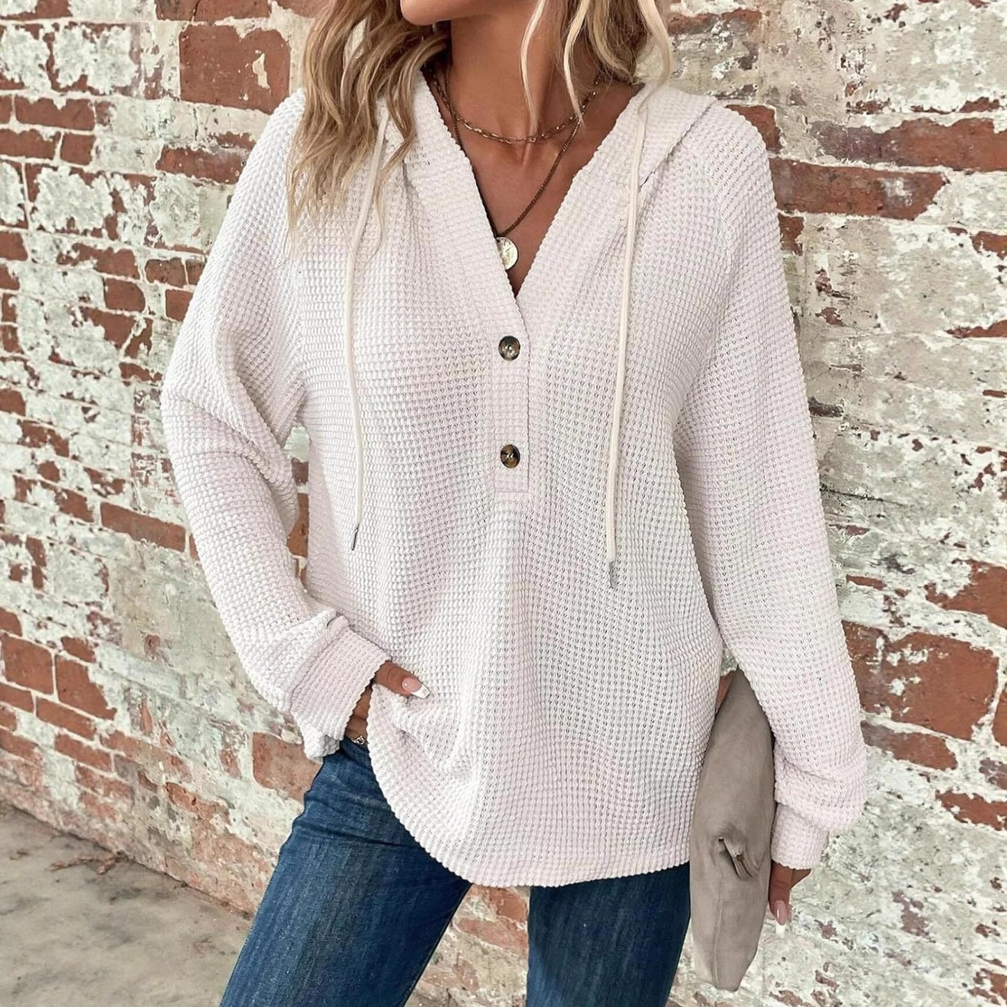 Women's Oversized Waffle Knit Hoodie V Neck Button Pullover