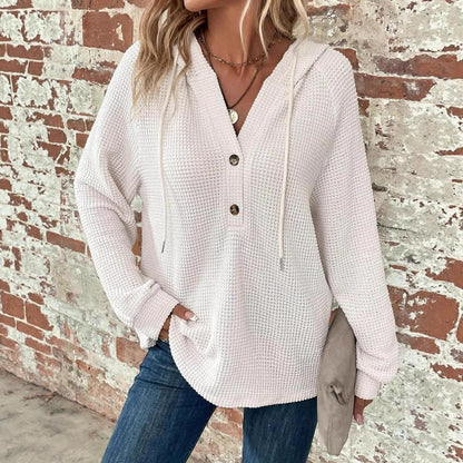 Women's Oversized Waffle Knit Hoodie V Neck Button Pullover
