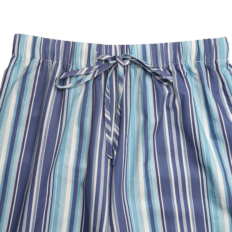Blue Striped Drawstring Wide Leg Pants Casual Summer Trousers
