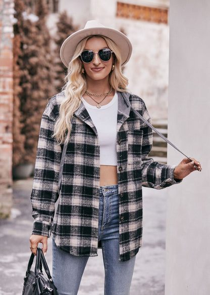 Plaid Hooded Shacket Jacket Oversized Fall Flannel Coat