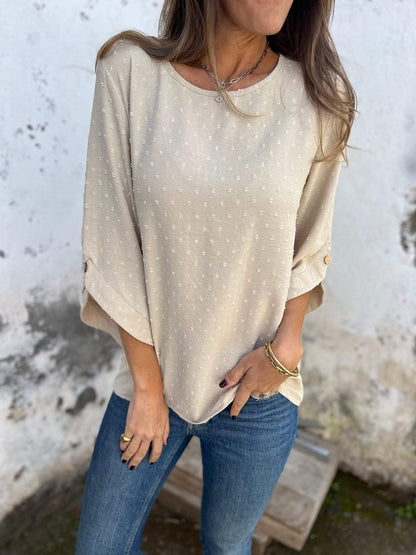 Women's Loose Swiss Dot Blouse 3/4 Sleeve Round Neck