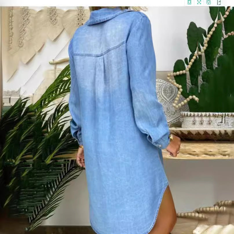 Denim Shirt Dress Long Sleeve Button Front Pockets