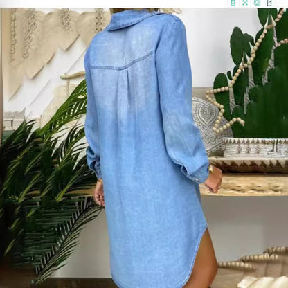 Denim Shirt Dress Long Sleeve Button Front Pockets