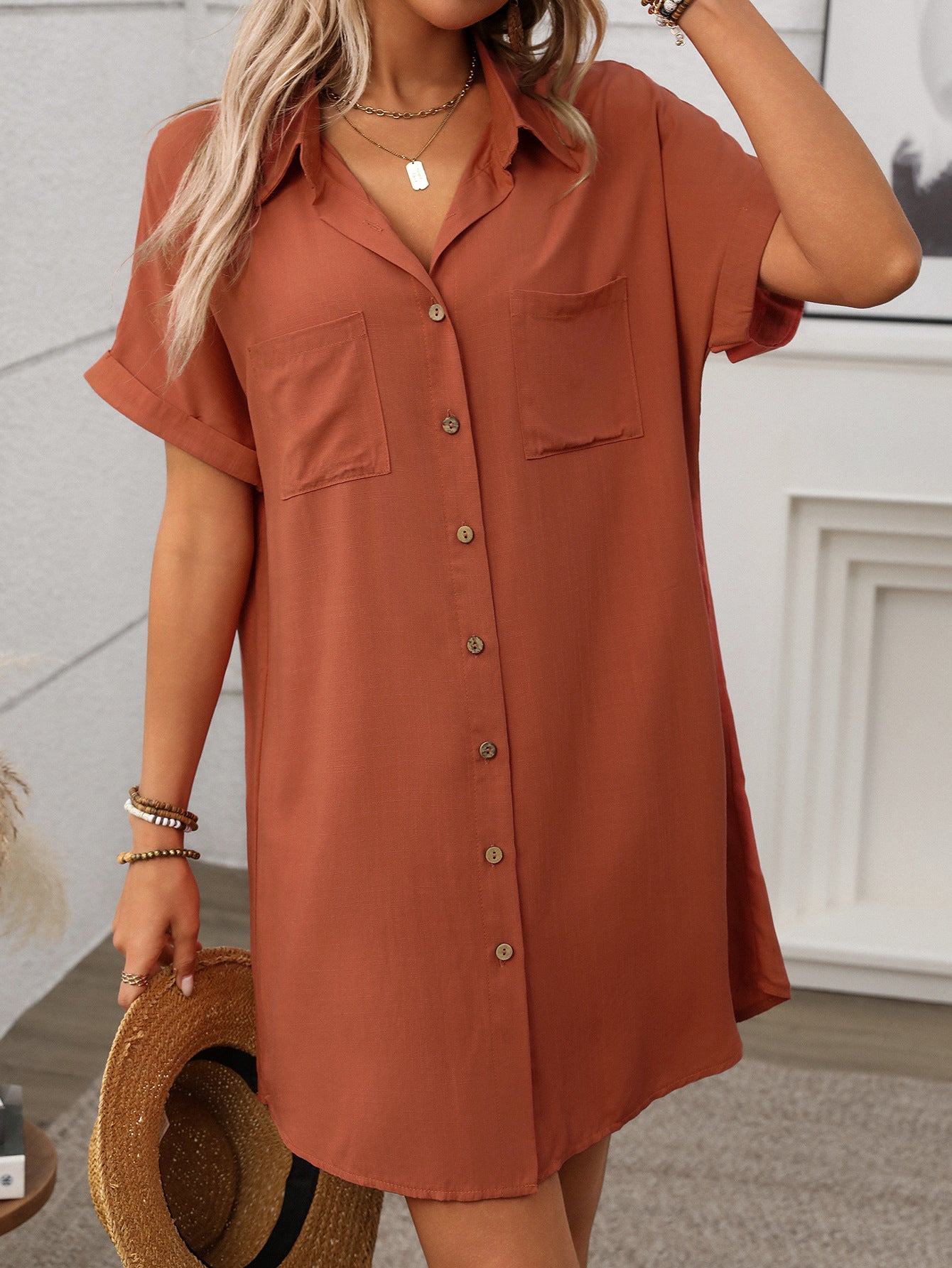 Striped Short Sleeve Shirt Dress Casual Summer Style