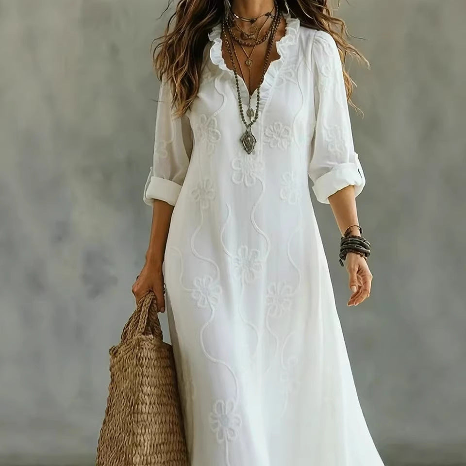Boho Embroidered Maxi Dress V-Neck Flowy Long Sleeve