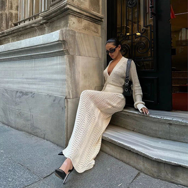 Crochet Deep V Neck Long Sleeve Maxi Dress Bodycon