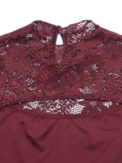 Lace Cutout Bodysuit Mock Neck Flare Sleeve Fitted Top