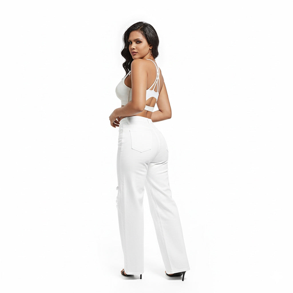 High Waist Distressed Straight Leg White Denim Jeans