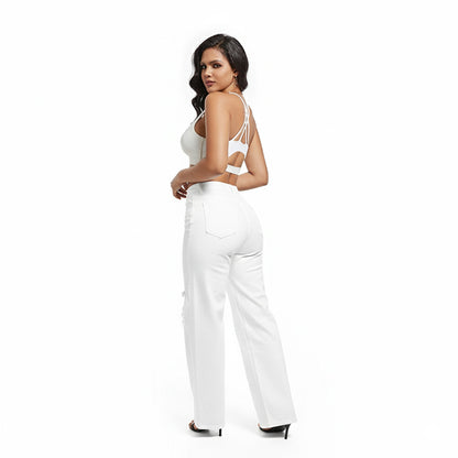 High Waist Distressed Straight Leg White Denim Jeans