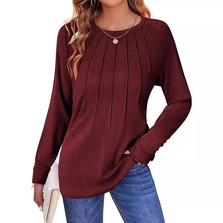 Women's Pleated Crew Neck Long Sleeve Casual Top