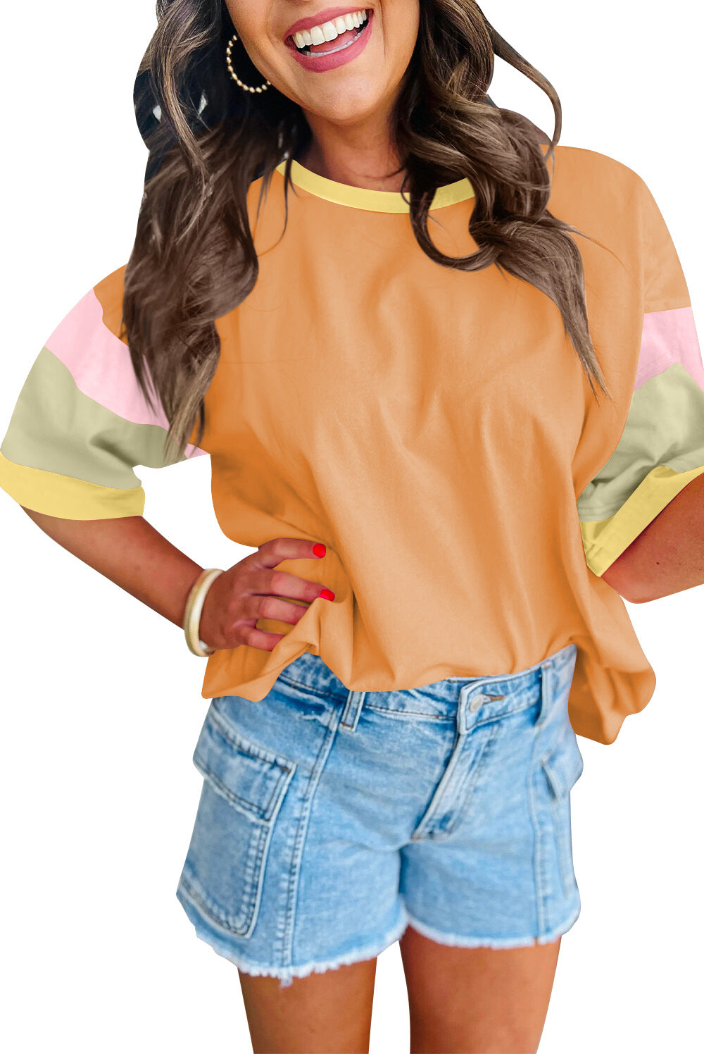Colorblock Cotton Tee Loose Crew Neck Short Sleeve