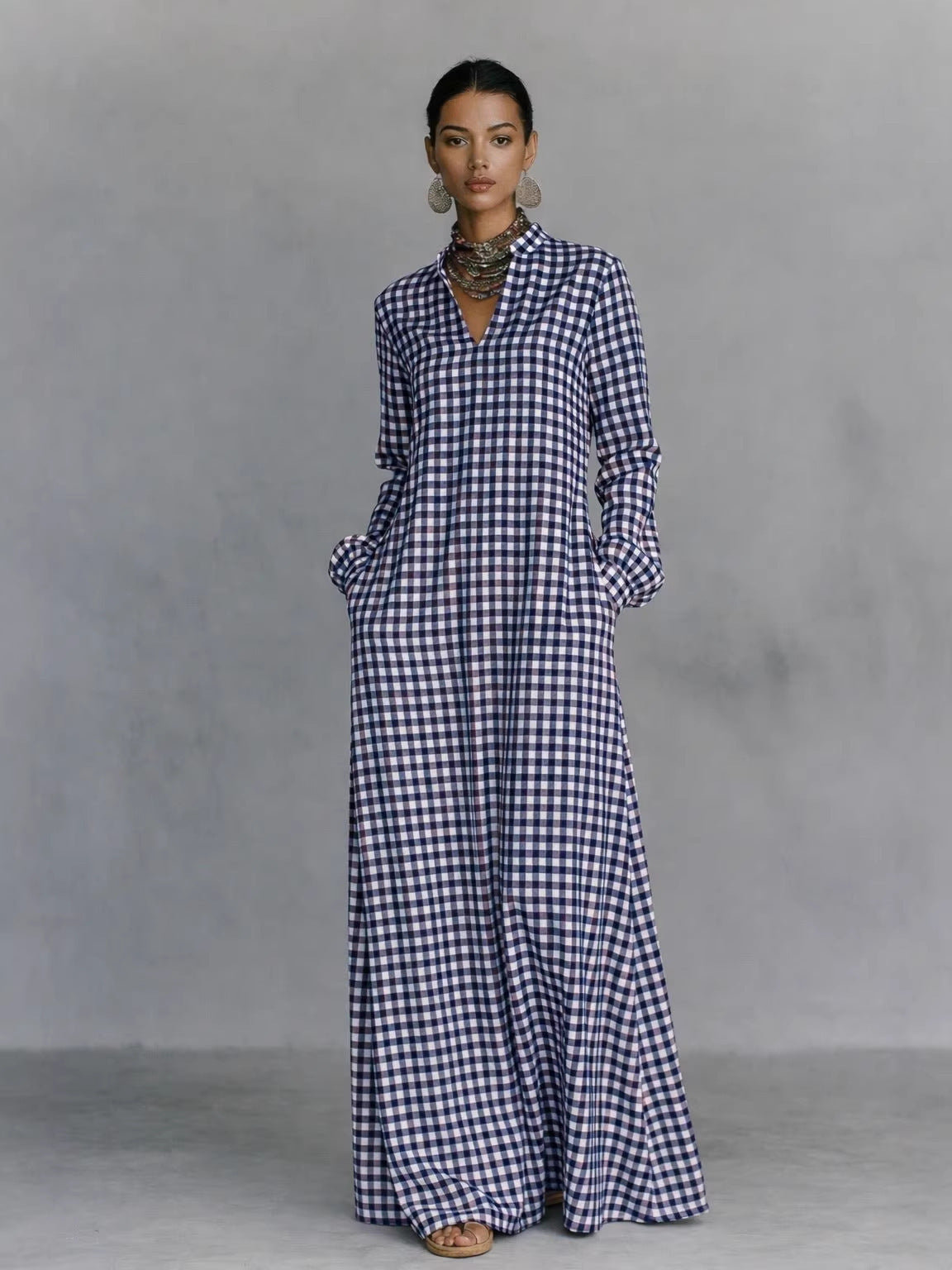 Women's Plaid V-Neck Maxi Shirt Dress Long Sleeve Flowy