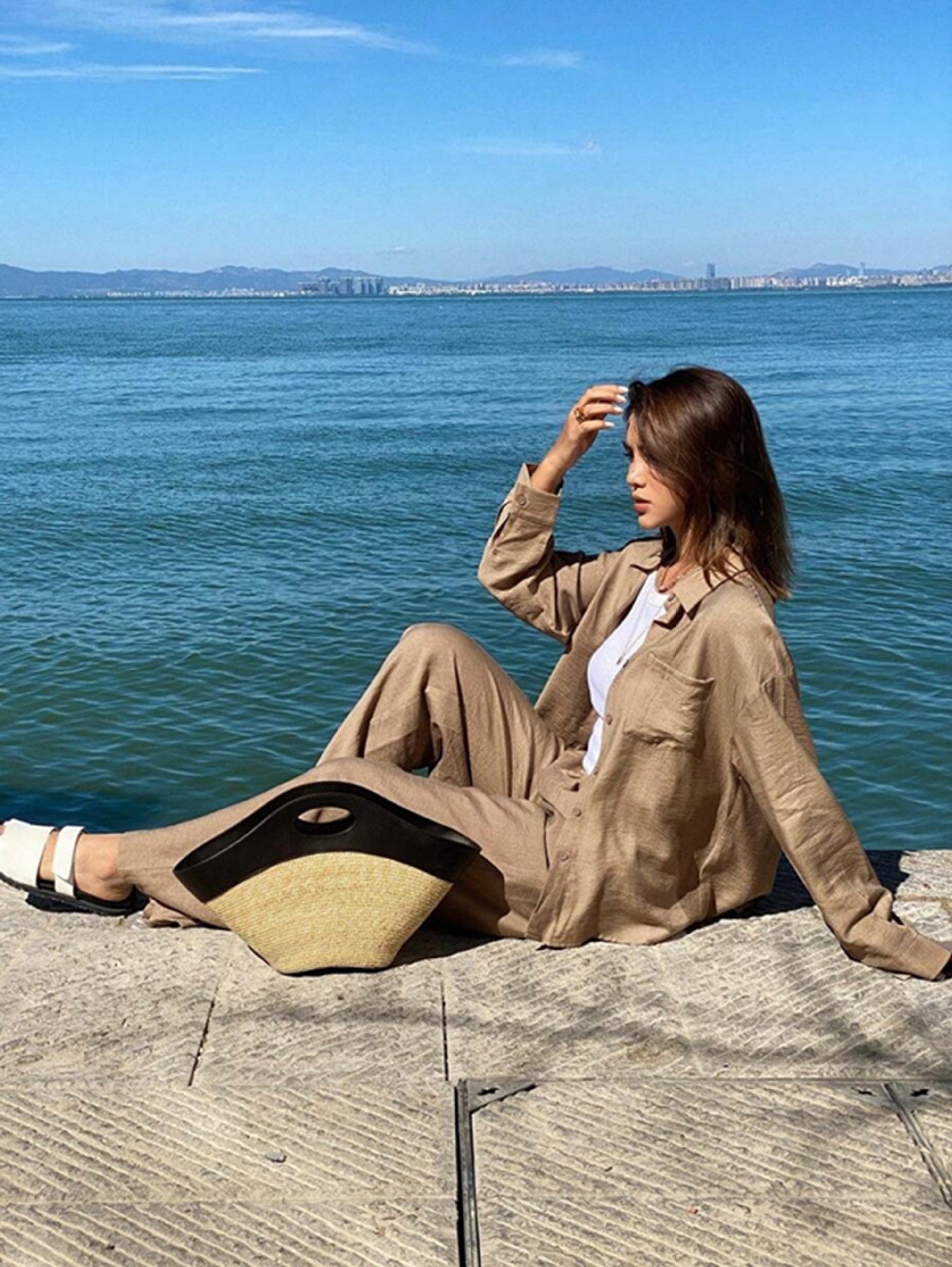 Women 2 Piece Matching Set Button Up Shirt Wide Leg Pants