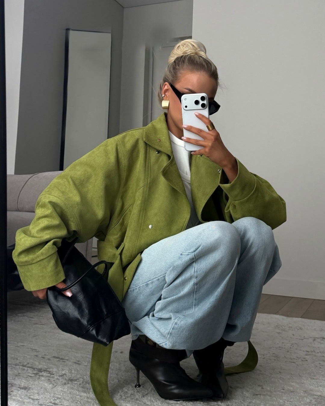 Women's Belted Cropped Jacket Stand Collar Trench Coat