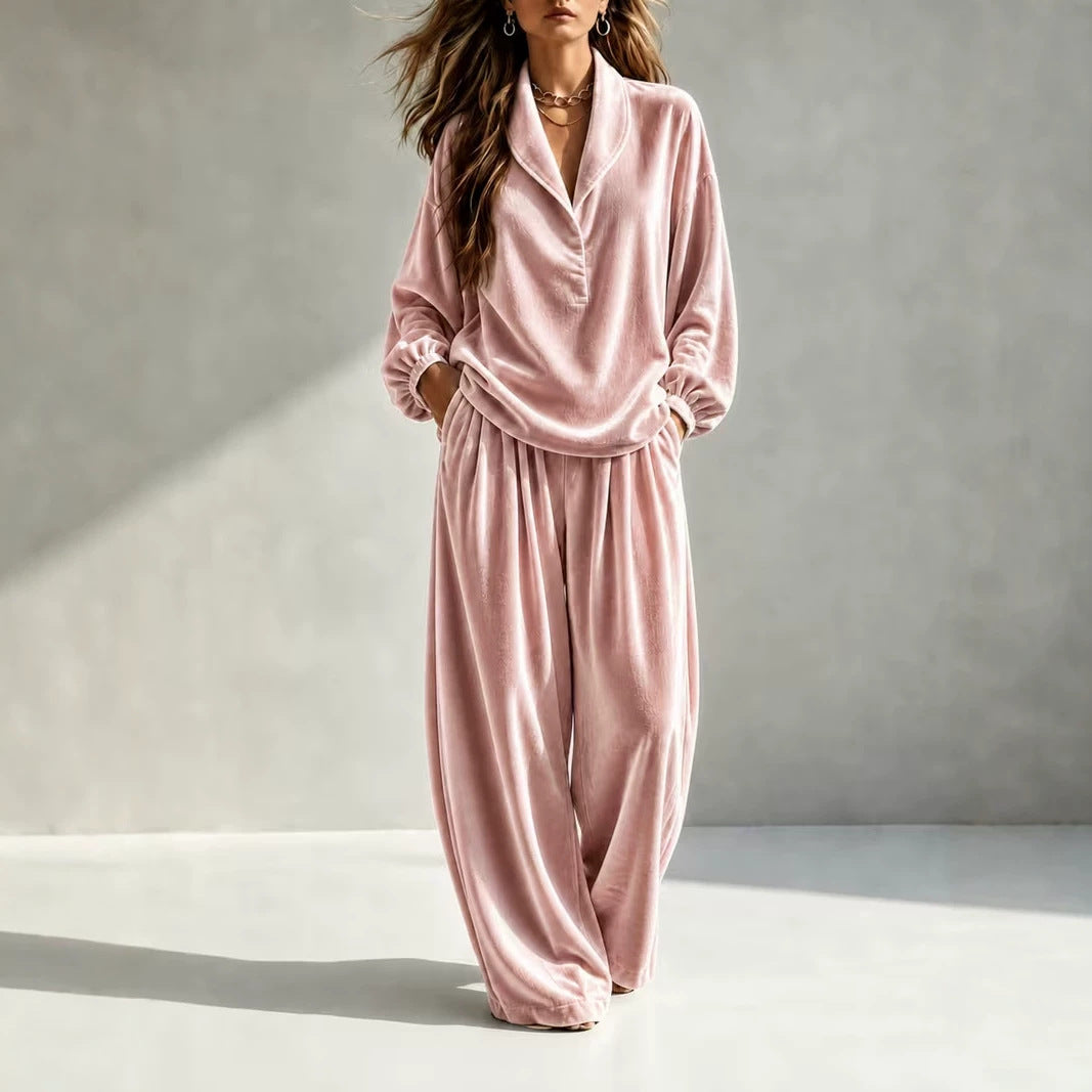 Women's Velvet Collared Lounge Set Wide Leg Pants