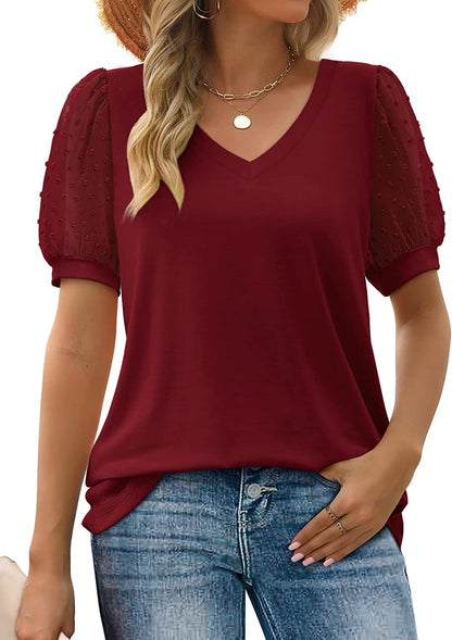 Women's V-Neck Sheer Puff Sleeve Cotton Blend Top