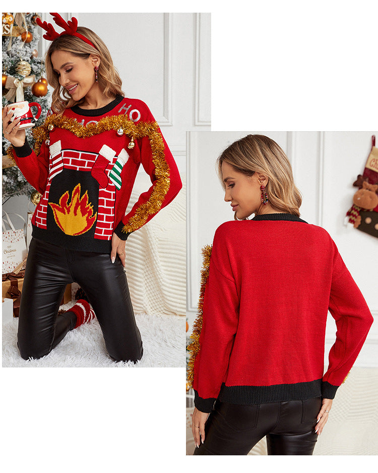 Red Fireplace Christmas Sweater with Tinsel Decor for Women