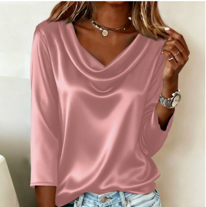 Women's Satin Cowl Neck Blouse 3/4 Sleeve Top