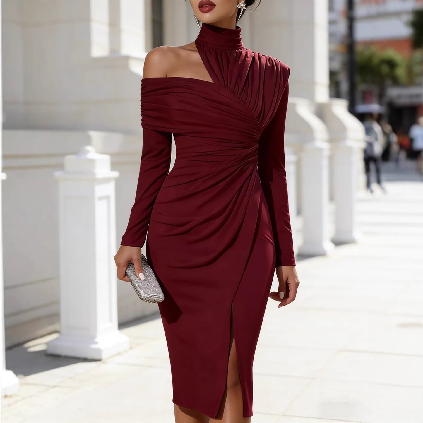 Ruched Off Shoulder Mock Neck Slit Midi Dress