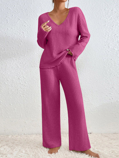 Women's Ribbed Knit Wide Leg Pants Two Piece Lounge Set