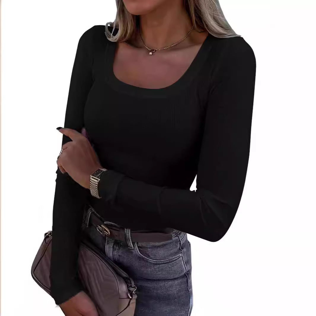 Women's Ribbed Scoop Neck Long Sleeve Fitted Top