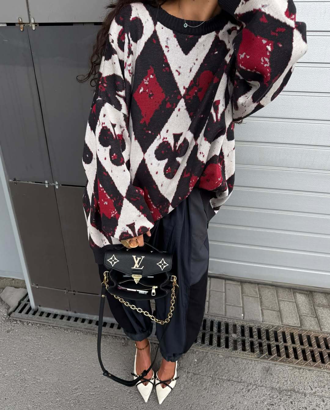 Womens Oversized Vintage Argyle Knit Sweater