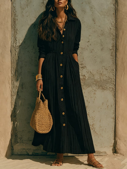 Women's Long Sleeve Maxi Shirt Dress Button Front Pockets