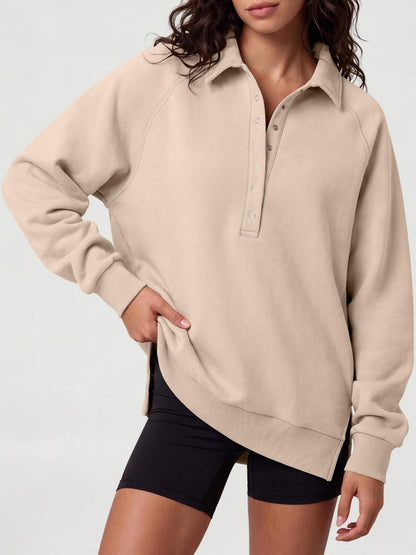Women's Oversized Collared Button Pullover Sweatshirt