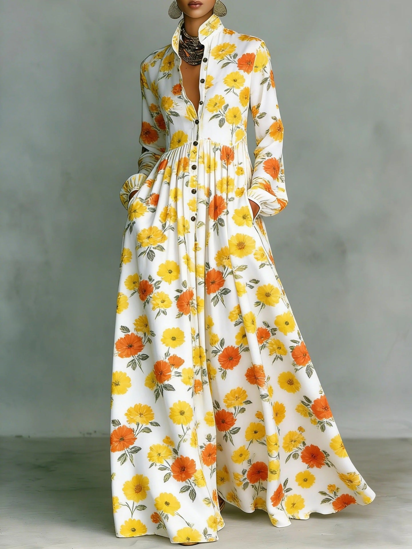 Vintage Floral Maxi Dress Long Sleeve Button Down Pockets