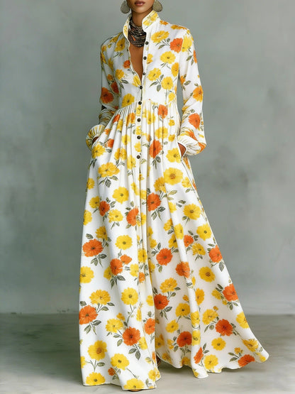 Vintage Floral Maxi Dress Long Sleeve Button Down Pockets
