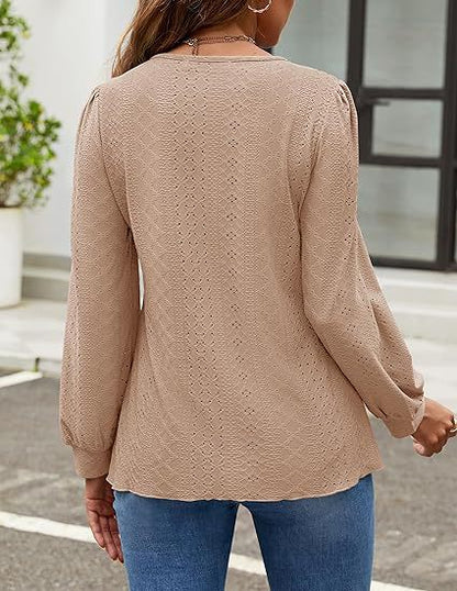 Solid Eyelet Lace Blouse Crew Neck Lantern Sleeve Top