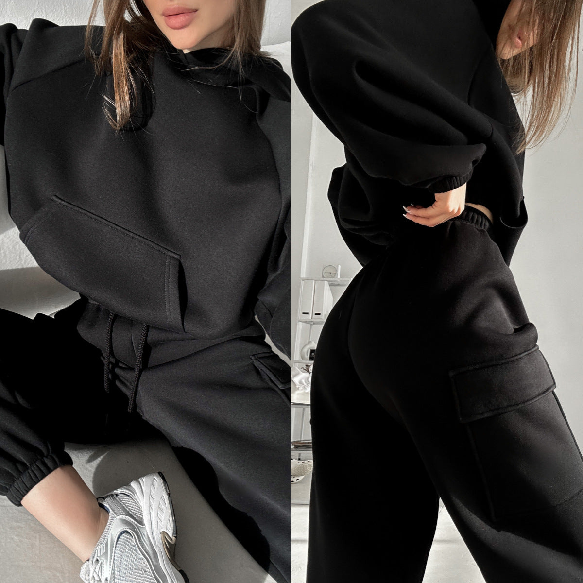 Women Oversized Fleece Hoodie Cargo Jogger Set