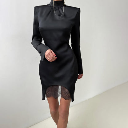 Satin Bell Sleeve Mock Neck Lace Trim Mini Dress