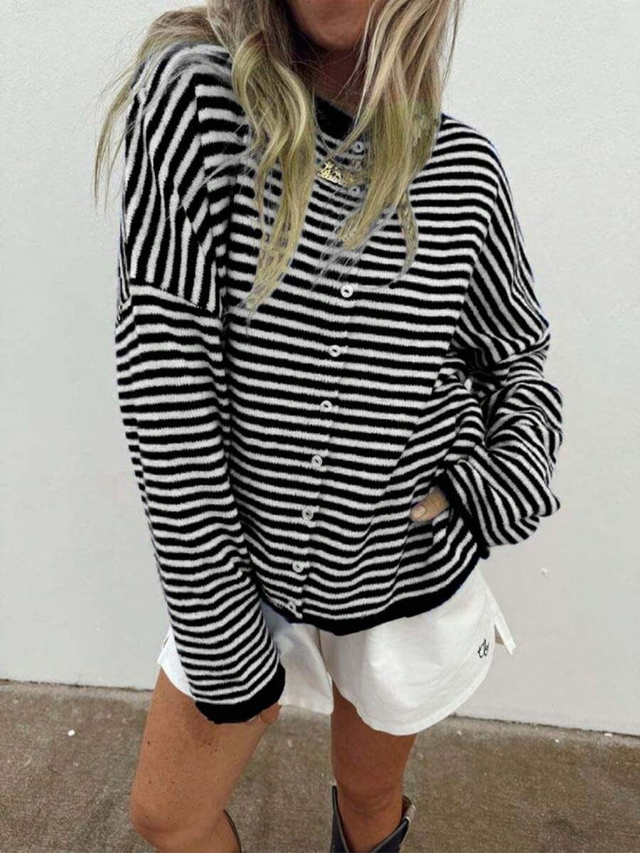 Women's Striped Knit Cardigan Long Sleeve Sweater