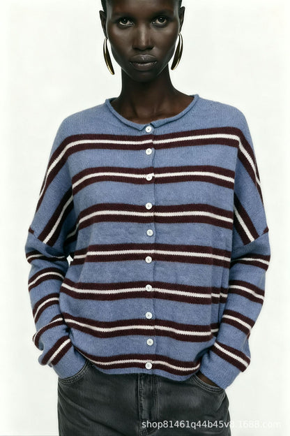 Women's Oversized Striped Button Front Knit Cardigan
