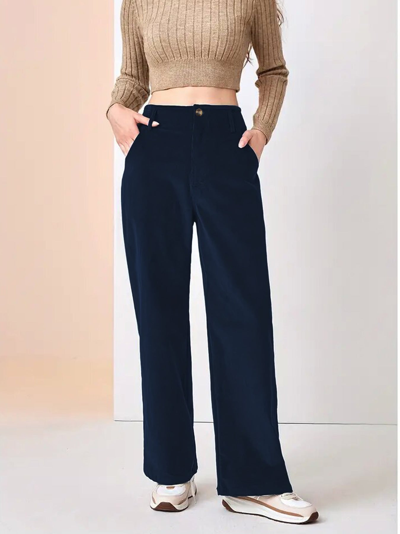 High Waist Corduroy Wide Leg Pants with Pockets