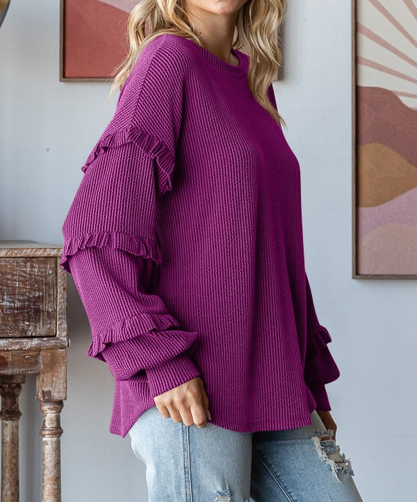 Lantern Sleeve Lace Round Neck Top
