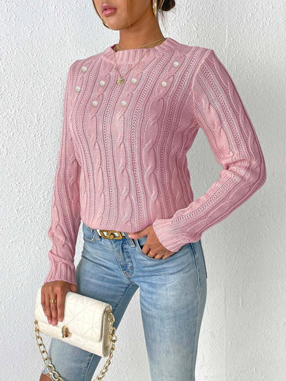 Women's Crew Neck Women's Top Simple Bottom Shirt Pearl Beads