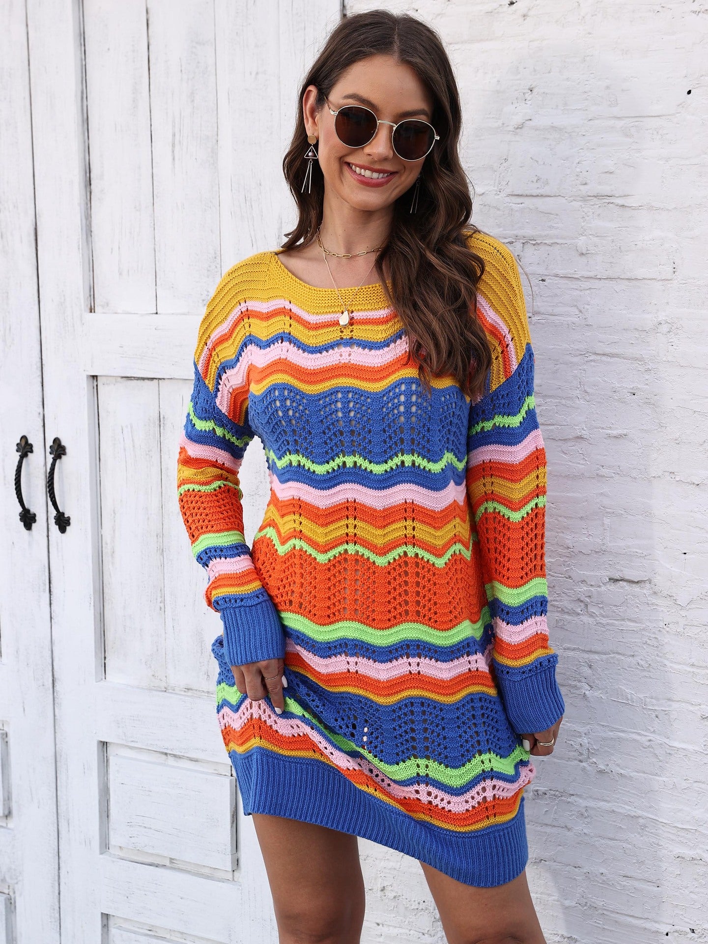 Women's Dress Rainbow Pattern Patchwork Striped Sweater Skirt