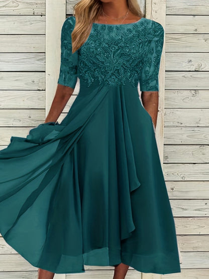 Women's Lace Chiffon Wedding Guest Midi Dress