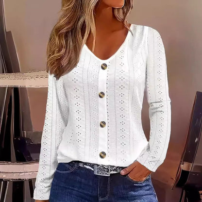 Women's V-Neck Button Jacquard Long Sleeve Top White