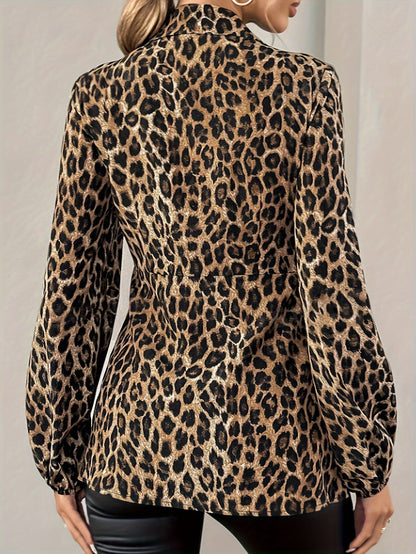 Leopard Print Tie Front V Neck Long Sleeve Blouse